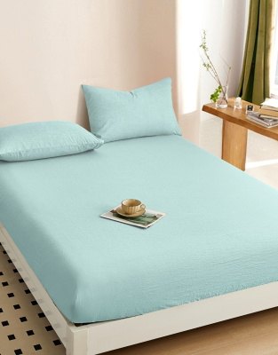 Простыня на резинке, с высотой борта 25 см "boiled cotton" - Вареный (стираный) хлопок» мятный